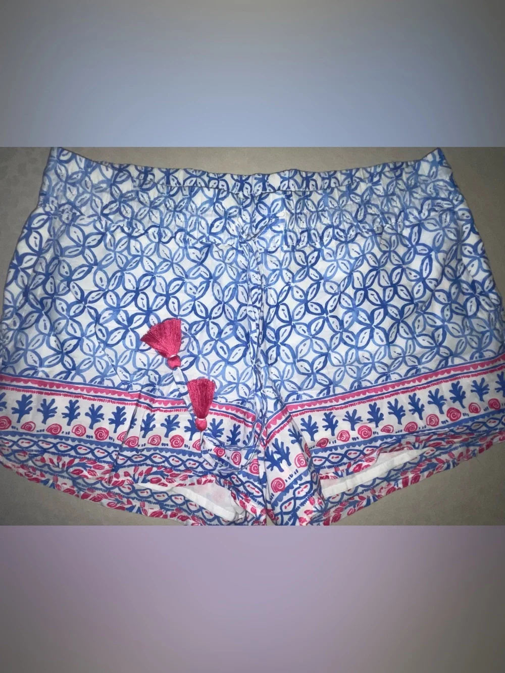 Vineyard Vines Blue Printed High Waist Shorts with Pink Tassels